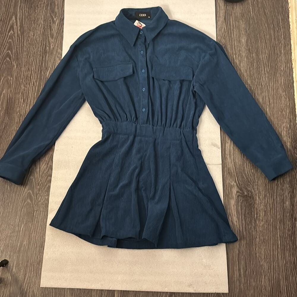 CIDER Solid Collar Mini Dress XS Dark Teal NEW Fall Academia Classic Preppy Boho